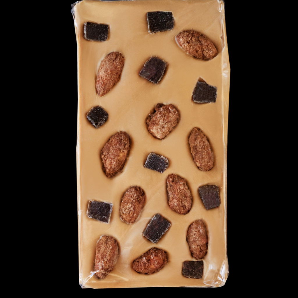 Karamellišokolaad karamelliseeritud mandlite ja linnasemarmelaadiga 90 g